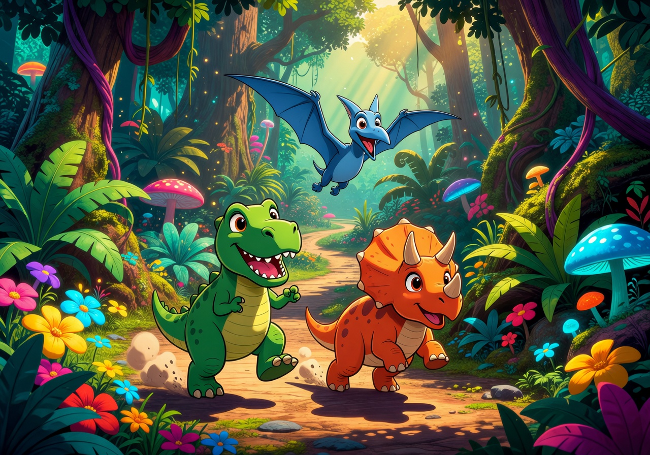 Friendly cartoon dinosaurs in a colorful prehistoric jungle environment representing Pogosparkrun's adventure theme