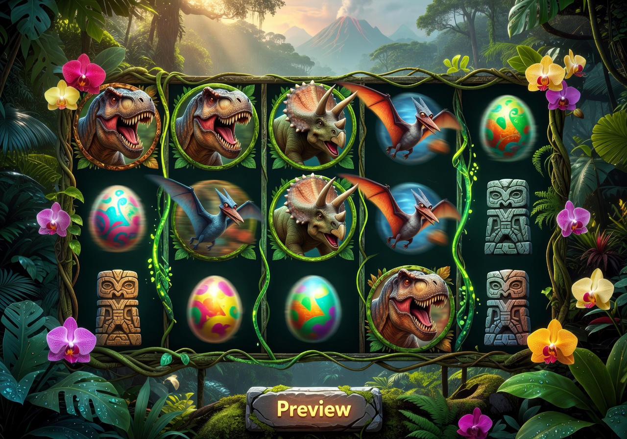 Dinoland slot game interface with colorful jungle themed reels and prehistoric symbols