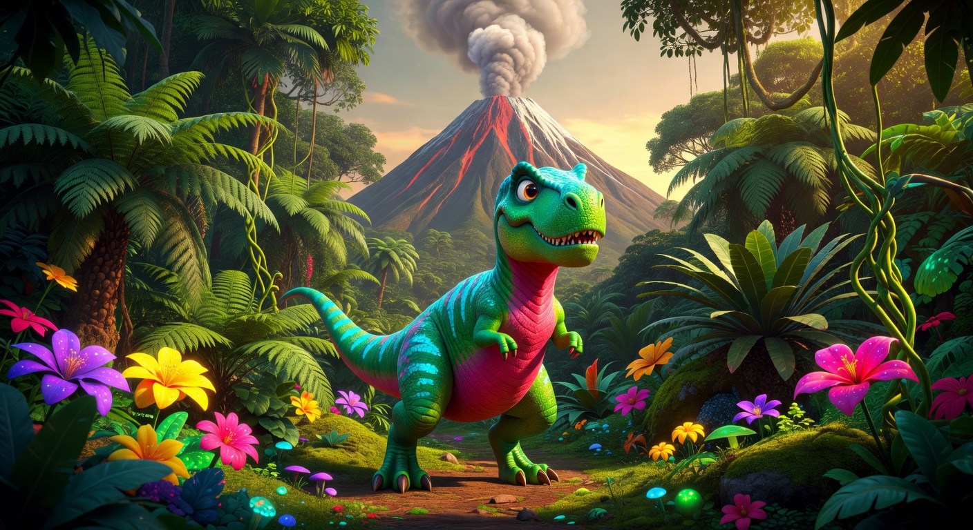 Colorful 3D cartoon dinosaur in a lush prehistoric jungle with volcano and tropical plants